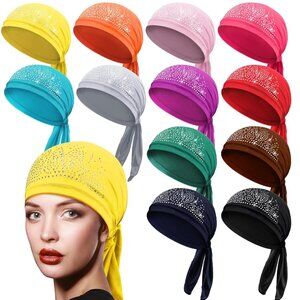 12 Packs Rhinestone Head Scarf Women Stretchy Head Wrap Bandana Beanie Pre Tied